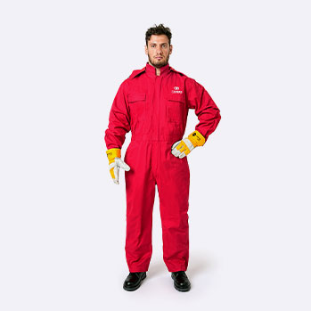 Antistatic and flame-retardant red bodysuit made of modified acrylic-cotton-aramid blend fabric